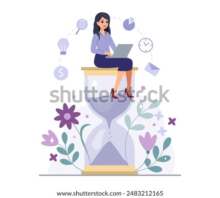 Woman works. Hourglass time as deadline. Employee with laptop sits on sandglass. Schedule management. Office planning. Hour glass and flowers. Productivity job organize. Vector concept