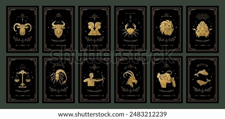 Zodiac cards. Astrological calendar. Gold signs of Aries, Sagittarius and Libra. Magic frames with Taurus and Leo. Fortune prediction. Star constellations. Vector horoscope symbols set