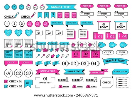 Text frames. Title design icons, check point box or ribbon, bullet and number banner figures, memo flags stickers. Decorative elements for presentation and infographic. Vector simple lines set