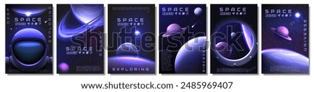 Space posters. Galaxy exploration. Astronaut spacesuit helmet. Stars and planets. 3D universe. Outer infinity discovery. Astronomy design with starlight. Vector cosmic banners design set