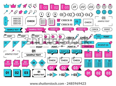 Line frames. Text title design. Check point. Bullet icon or ribbon figure. Simple box or border. Number tags. Diary sticker. Plan header. Pin and folder. Vector scrapbook labels set