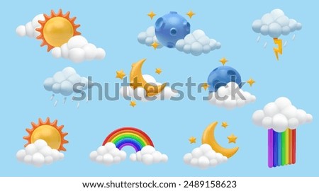 3d sun. Clouds with morning rainbow and raindrops. Moon icons. Summer rainstorm. Sunny sky nature. Meteorology forecast. Crescent and stars. Render cumulus. Vector cartoon elements set