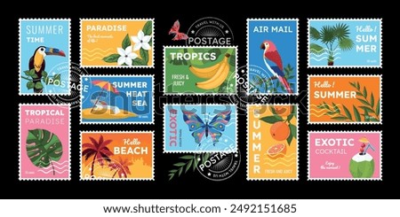 Summer stamps. Tropical beach travel. Postal stickers and seals. Exotic fruits. Palm plant leaves. Vacation in Hawaii. Jungle animals and birds. Sea tourism. Vector postmarks composition