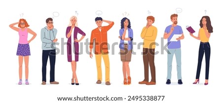 People think. Man person, question character, serious student or doubt woman human, thought exclamation. Confused thinking boys and girls standing. Vector cartoon flat illustration