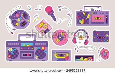 Retro music. Y2K cassette stickers. 90s or 80s tape boombox. Pop disco. Dance party. Musical notes and stereo vaporwave. Audio DJ disc. Girls microphone. Player headset. Vector icons set