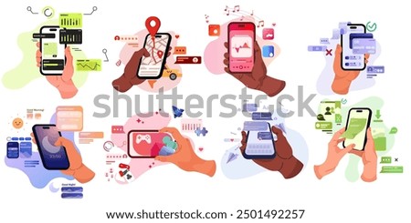 Hand hold phone. Mobile application. Retro smartphone stickers. Doodle 90s chat posters with simple laptop and media bubble. Banking or navigation app. Cellphone game. Vector cartoon set