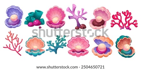 Under the sea. Seashell, tropical shellfish and beach snail shell. Ocean coral, conch and cute underwater reef, undersea decorative colorful exotic natural flora. Vector elements cartoon set