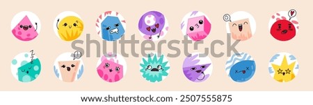 Emoji icons. Cartoon face smiles. Emotion expressions. School smileys for children math shapes. Doodle geometric characters. Circle or square figures. Vector abstract funny emoticons set