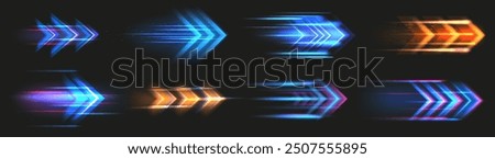 Speed light. Fast movement effect. Abstract action or race energy. Glowing arrow. Dynamic blue design. Blurred direction motion. Rush moving. Navigation icon. Vector shiny pointers set