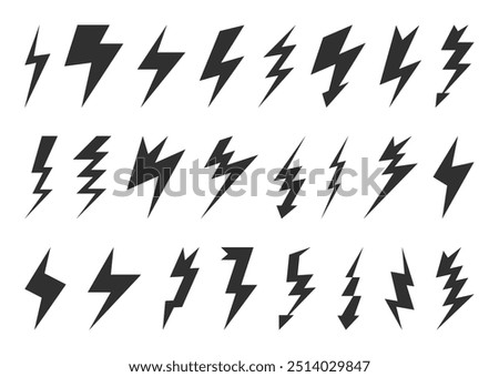 Lightning icons. Thunder bolt, electric flash light, energy or arrow web symbol. Thunderbolt shape sign different zig zag forms. Vector flat pictogram isolated on white background illustration