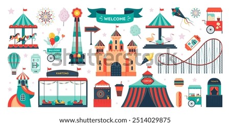 Carnival park. Circus carousel on fair. Funfair tent and rollercoaster. Kid tickets and tent on attractions. Ferris wheel. Merry-go-round and popcorn cart. Vector fairground elements set