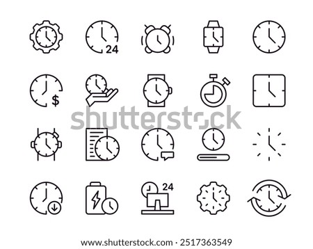 Time icons. Hour clock. Alarm watch line symbol. Date calendar. Timer dial. Stopwatch and hourglass. Fast speed. Minutes countdown. Wristwatch battery. Vector chronometer pictograms set