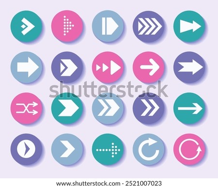 Arrow signs. Next up. Back or right icon for website UI. Cursor button. Left pointer. Previous spot. Webpage signpost. Circle navigation pin. Direction symbol. Vector round pictograms set