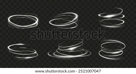 Light swirl. Spin motion effect. White line circle whirlwind. Rings rotation. Circular speed flare. Vortex glow. Tornado twirl with luminous sparkles. Spiral twist. Vector elements set