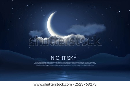 Night sky background. Clouds and moon. Star glow. Crescent on dark blue summer heaven. Evening space light. Mountain peak. Lake water. Midnight cloudscape. Vector twilight nature scene