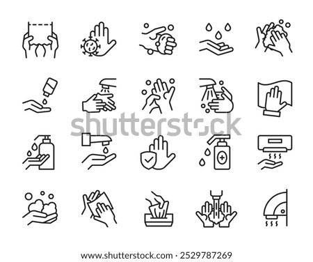 Hand wash icons. Clean palms with water and soap suds. Rub foam dryer and wipe signs. Outline towel and paper napkin. Cleanser bottle dispenser. Arm sanitizer. Vector hygiene symbols set