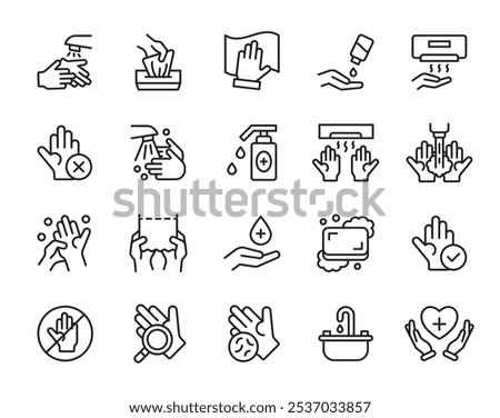 Hand washing icons. Clean palms with water and soap suds. Wash skin care in Covid. Cleanliness wipe. Corona hygiene. Arm sanitizer. Cleanser bottle dispenser. Vector line strokes set