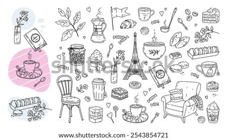 Handwriting cafe. Dinner icons. Coffee cup. Flower and cake designs in fall fashion style. Spring gift book. Paris macaroon. Cozy armchair with pillow. Hand drawn elements vector set