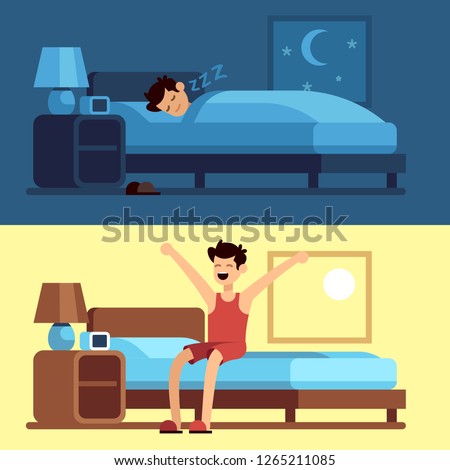 Man sleeping waking up. Person under duvet at night and getting out of bed morning. Peacefully sleep in comfy mattress vector concept