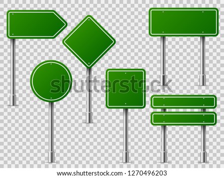 Green traffic signs. Road board text panel, mockup signage direction highway city signpost location street arrow way vector set