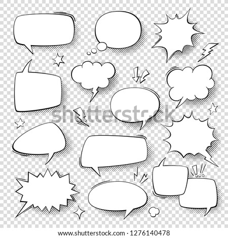 Speech bubbles. Vintage word bubbles, retro bubbly comic shapes. Thinking and speaking clouds with halftone vector set