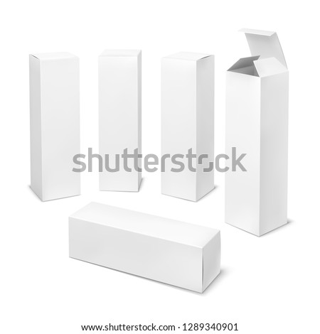 Tall white box. Cardboard cosmetic boxes rectangular blank package with shadows medicine product vertical packaging vector mockup