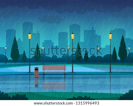 Rainy day park. Raining public park rain city nature season path bench street lamp landscape, flat vector illustration