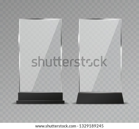 Glass table display. Office transparent glass table signs modern plastic clear stand reflection shiny plates vector isolated template