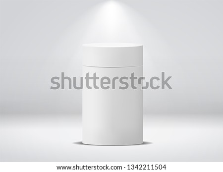 Cylinder package. White round empty paper box for food soup tea coffee vector isolated canister template