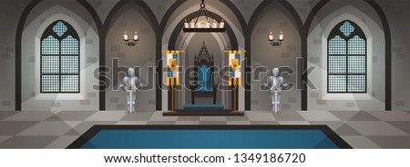 Hall castle. Medieval palace royal decor furniture interior dining table throne kingdom luxury room game cartoon, vector illustration