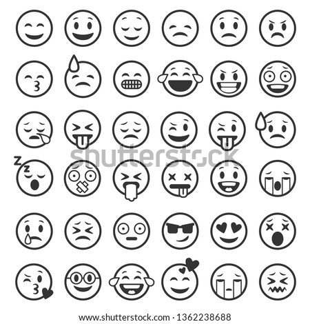 Emoticons outline. Emoji faces emoticon funny smile line black icons expression smiley facial people humor mood, flat vector isolated set