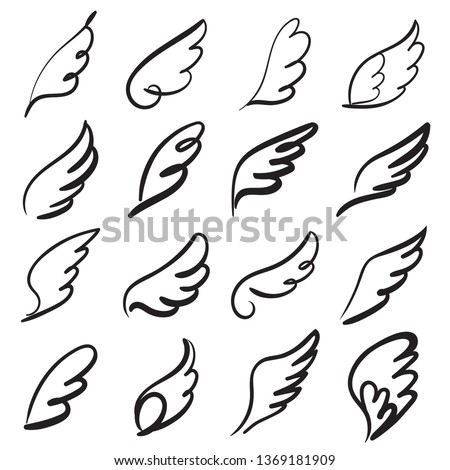 Sketch angel wings. Angel feather wing, bird tattoo silhouette. Linear fly winged angels, flying heaven hand drawn doodle vector icons