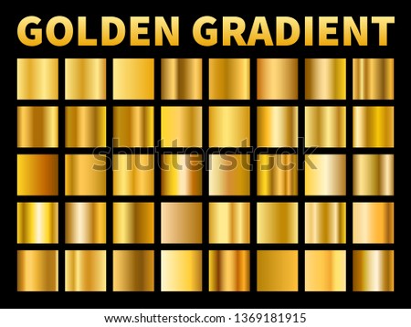 Golden gradients. Gold squares metal gloss gradient swatches, empty reflection metallic yellow plate frame, label texture or award foil ribbon. Vector set