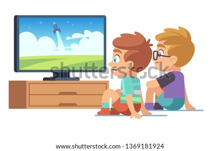 Kids watch tv. Children movie home little boy girl watches tv set displaying picture screen character electric monitor cartoon vector concept