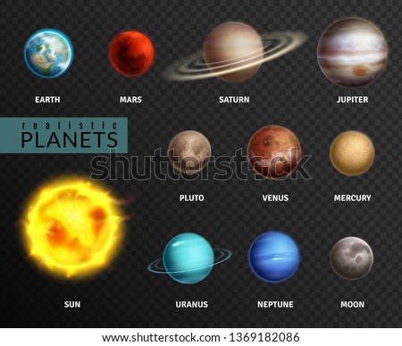 Realistic planets. Solar system planet space universe galaxy sun moon saturn mercury jupiter venus comet uranus pluto, astronomy vector isolated