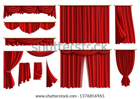Red curtains. Set realistic luxury curtain cornice decor domestic fabric interior drapery textile lambrequin, vector illustration curtaine set