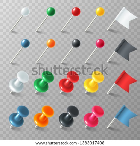 Pins flags tacks. Colored pointer eps marker pin flag tack pinned board pushpin organized announcement, color realistic vector set Foto stock © 