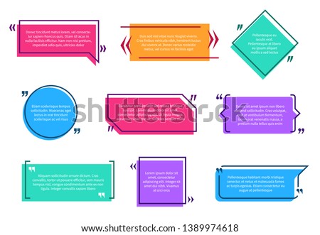 Texting boxes. Colored quote box speech bubble template text note brackets citation message page empty frame stickers cartoon vector isolated