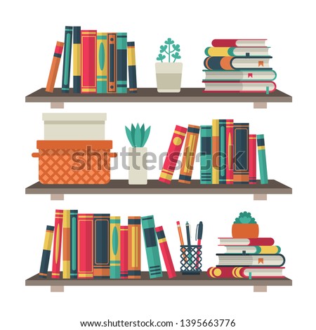 Flat bookshelves. Shelf book in room library, reading book office shelf wall interior study school bookcase and bookshelf vector background