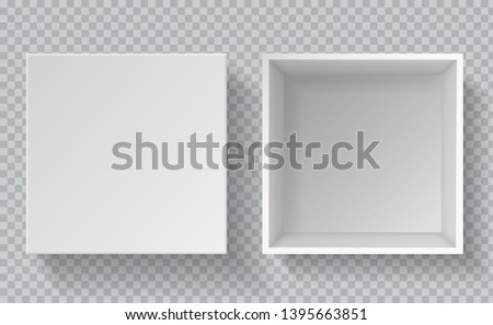 Box mockup. Top view realistic paper packaging, empty cardboard package consumer open white carton container with lid packag 3d vector template