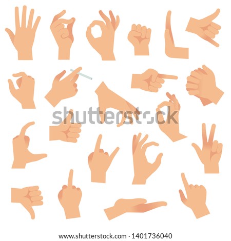 Flat hand gestures. Pointing human finger gesture, open hand signal. Arm communication attention fingertip signs vector collection