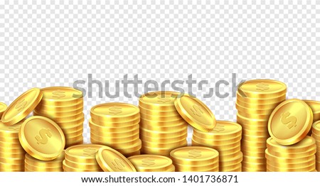 Gold coins stack. Realistic golden coin money pile, stacked dollar lots pile cash bonus profits casino market banner. Vector isolated