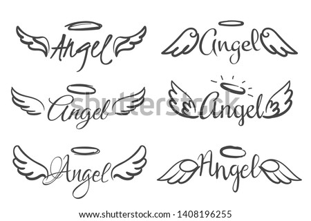 Angels wings emblems. Feather angel wing and halo, sketch feathers bird line tattoo. Hand drawn fantasy winged silhouettes vector isolated