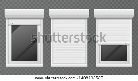 Rolling shutters. Windows roller blind metal frame, white jalousie, facade house safety office close window vector set