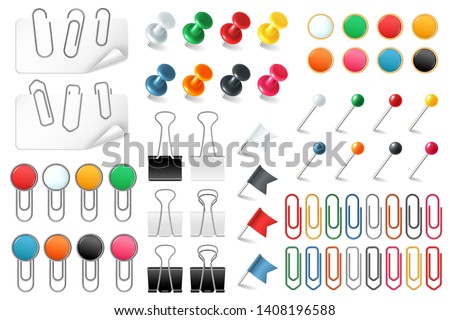 Pins paper clips. Push pins fasteners staple tack pin colored paper clip office organized announcement, stationery realistic vector set Foto stock © 