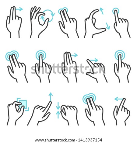 Phone hand gestures. Hand gesture for touchscreen devices, slide touch phone. Zoom move swipe press touching finger actions, vector symbols set