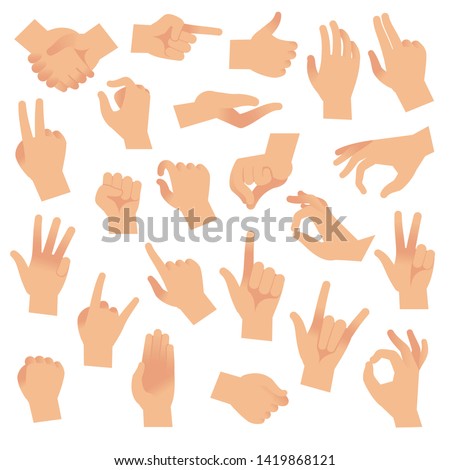 Gesturing hands. Hand with counting gestures, forefinger sign. Open arm showing signal and handshake, interactive communication vector set