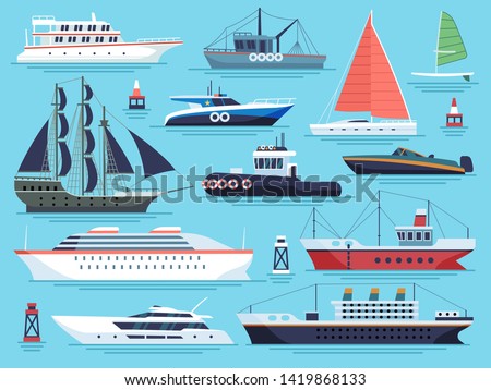 Maritime ships flat. Water carriage, vessels boats yacht ship battleship warship large vessel and speedboat. Sea cargo dock vector set