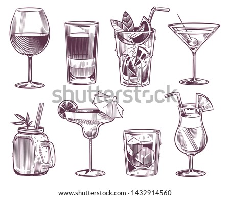 Sketch cocktails. Hand drawn cocktail and alcohol drink, different drinks in glass for party restaurant menu with sketched daiquiris, tonic and sweet martini. Vector illustration set