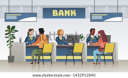 Bank office interior. Professional banking service, finance manager and clients. Credit, deposit consult management and counter serviced indoor payment cashier vector concept